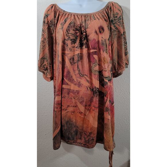 Avenue Orange Green Floral Print Pleated Top 22 24 Lightweight Soft Stretchy - Picture 1 of 7